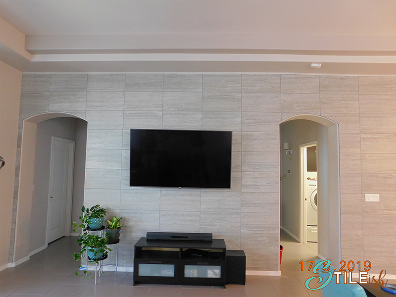 accent wall travertine tile grey